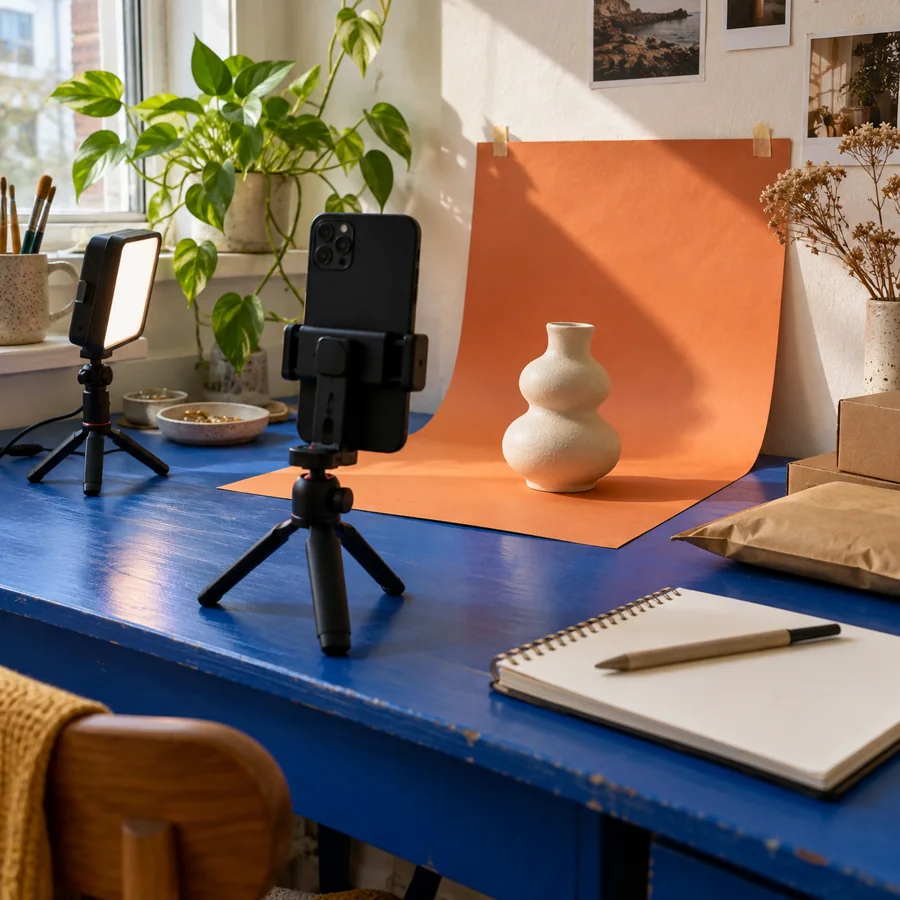 A ceramic vase photographed with a phone and lamp