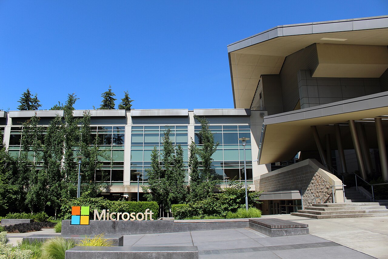Microsoft signage outside Building 92 at its Redmond campus in Washington.